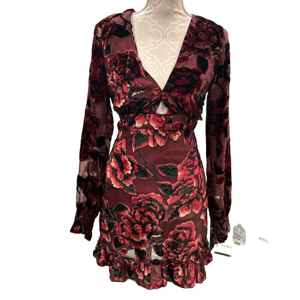 Velvet Witchy Missguided Dress Burnout Velvet Sheer Red Vamp Black New Sz 4